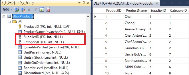 SQL Server の Products テーブル